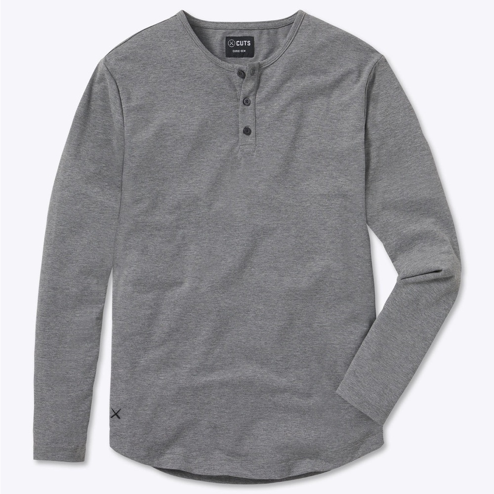 Cuts Clothing AO Long Sleeve Henley Curve-Hem, size LG in Heather Grey